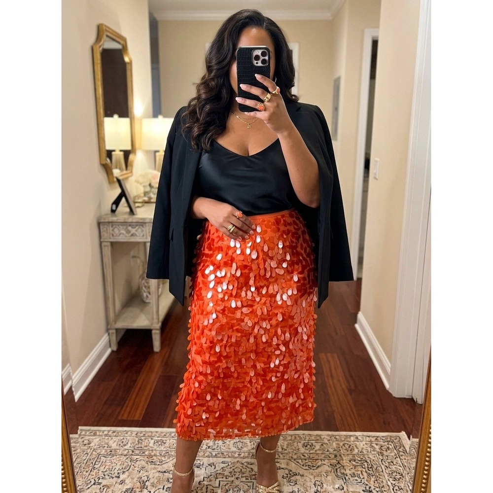 Maeve Skirt Women's Sz 6 Red Orange Teardrop Sequin Pencil Midi Party Skirt